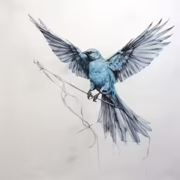 a painting of a blue bird perched on a branch with wings spread,a blue bird is perched on top of a wire