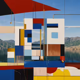 a painting on the back of a white wall,a large painting with many different designs on it