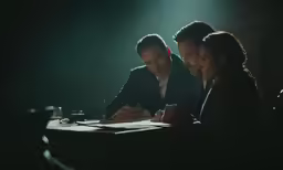 two business men sit at a table working on paperwork