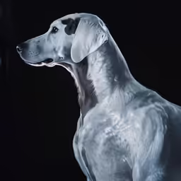 an up - close photo of a white dog in front of a black background