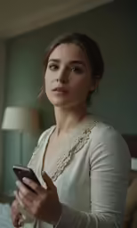 a woman sitting on her bed using her phone