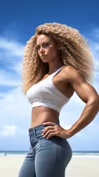 a woman with big breasts and a top is standing,a woman standing next to a beach posing for a picture