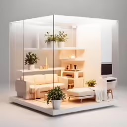 a model of a living room with a couch and two plants