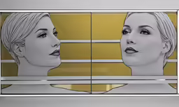 a pair of glass doors with pictures of the faces of two women on each side