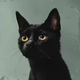 a black cat with big, brown eyes and short whiskers