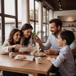 a family enjoying a meal together on a tablet in a restaurant