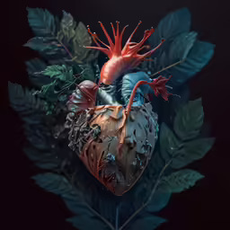 a painting of a human heart surrounded by leaves