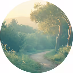 a path through trees and grass near a hill