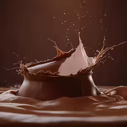 a chocolate cake splashing into the dark