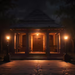 an open gazebo at night with two chairs on a table