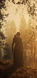 a woman in a long dress and bonnet is standing near trees