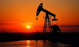 the sun is setting over a large well by some water