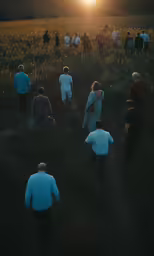 people stand in the grass near the sun at sunset