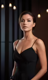 a model is wearing a black evening dress