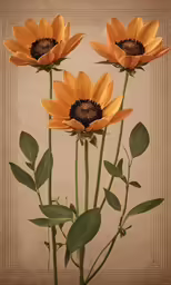 three yellow flowers sitting in a vase on a table