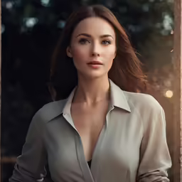 a woman posing for the camera with very large breast