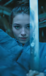 a woman holding a large knife while wearing a blue coat