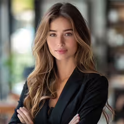 a woman in a black suit poses for a photo,a young woman posing with her arms crossed