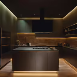 a dimly lit kitchen counter and cabinets in an evening light