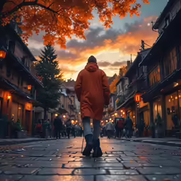 a man walking down a street past tall houses