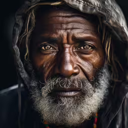 an old man with a hood on,a close up of an elderly man with a beard and eyes
