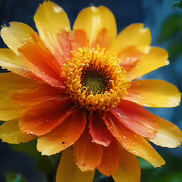 yellow, red and orange flower that has a green center,the yellow and orange flower is being water droplets