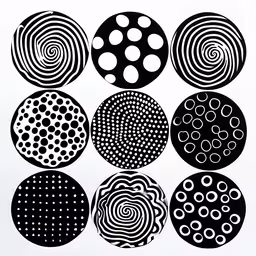 different types of circles with some black and white dots,a group of circles in different sizes