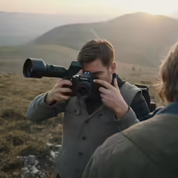 a man standing in a field holding up a camera