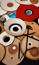 an assortment of various wood discs and paddles