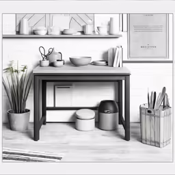 a white living area with shelves, pots and other things