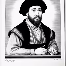 an antique print of a man in renaissance clothing