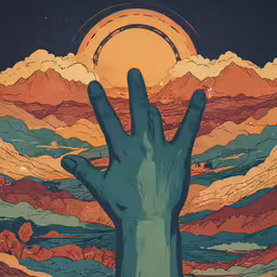 a drawing of a large hand reaching up towards the sun,a person reaching for the moon on their fingers