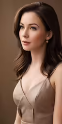 woman in a brown dress looking into the camera