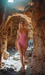 a woman in a pink bodysuit walking down a desert path