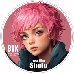 a picture of a female with pink hair and blue eyes