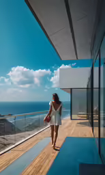 a girl in white shirt walking towards a deck on the ocean