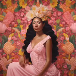a beautiful woman in pink sitting in front of flowers,the painting is a woman sitting with flowers on her head