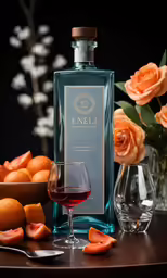 a bottle of wine and a glass filled with liquid