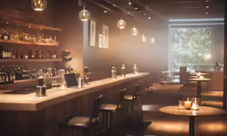 empty bar with bar stools and shelves filled with bottles