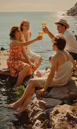 group of friends drinking from glass with one on rocks beside ocean