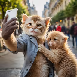 an elderly man taking a photo of a cat