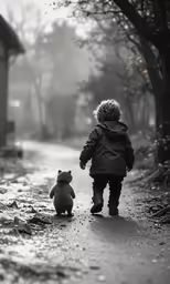 a young girl is walking near a small brown teddy bear