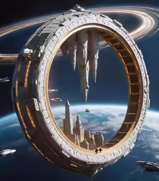 an artwork scene of some spaceships flying around