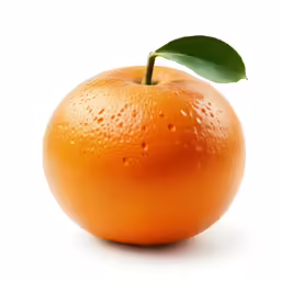 an orange with a leaf on the top