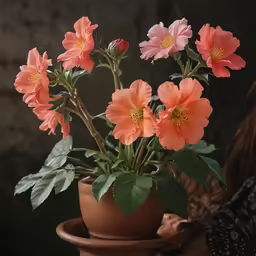 pink and orange flowers are sitting in the pot
