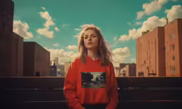 a young woman with long hair wearing a sweatshirt and jeans sitting on a bench in the city