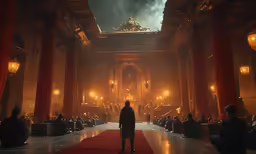 a man in a dark suit walks down a hall with lots of people