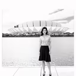 a woman standing on the side of the water near a boat