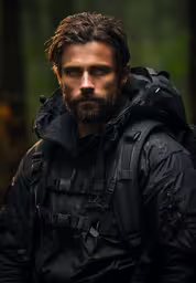 the man has a beard and looks away from the camera,the man is wearing a dark black jacket with a hood on