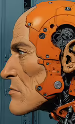 a graphic of a robotic face with a human head in front of him